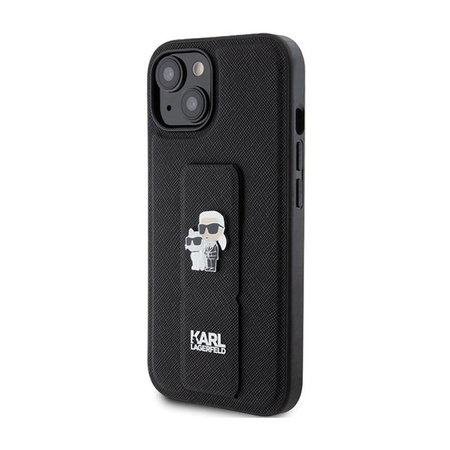 Karl Lagerfeld Gripstand Saffiano Karl & Choupette Pins - pouzdro na iPhone 15 (černé)