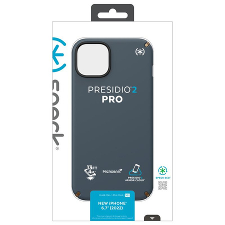 Speck Presidio2 Pro - Custodia antibatterica per iPhone 15 Plus / 14 Plus (Carbone / Bronzo freddo / Ardesia)