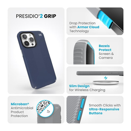 Speck Presidio2 Grip - Coque pour iPhone 15 Pro Max (Bleu côtier / Gris poussière / Blanc)