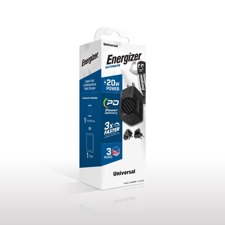 Energizer Ultimate - Multiplug EU / UK / US GaN 20W PD mains charger (Black)