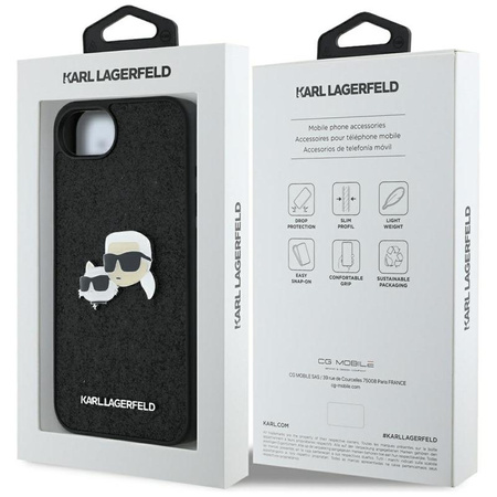 Karl Lagerfeld Fixed Glitter Karl & Choupette Heads Metal Pin - pouzdro pro iPhone 16e (černé)
