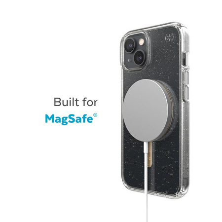 Speck Presidio Perfect-Clear mit Glitter + MagSafe - iPhone 14 / iPhone 13 Hülle mit MICROBAN Beschichtung (Klar / Gold Glitter)