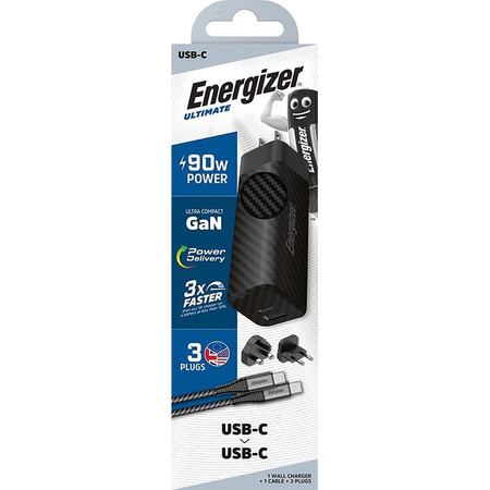 Energizer Ultimate - Multiplug EU / UK / US GaN USB-C & USB-A 90W PD chargeur secteur + câble USB-C (Noir)