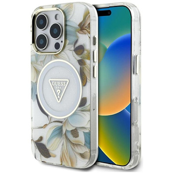 Guess Glitter Flowers Triangle Buttons MagSafe - pouzdro pro iPhone 16 Pro Max (bílé)