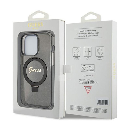 Guess Ring Stand Script Glitter MagSafe - pouzdro pro iPhone 15 Pro Max (černé)