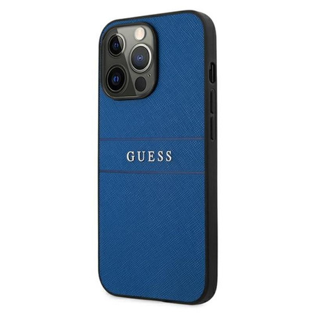 Pouzdro Guess Saffiano Metal Logo Stripes - iPhone 13 Pro (modré)