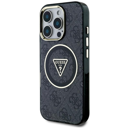 Guess IML Metal Glitter 4G Circle Triangle MagSafe - pouzdro pro iPhone 16 Pro (černé)