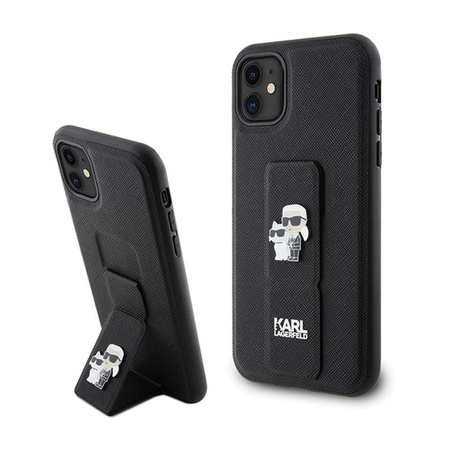 Karl Lagerfeld Gripstand Saffiano Karl & Choupette Pins - Coque iPhone 11 (noir)