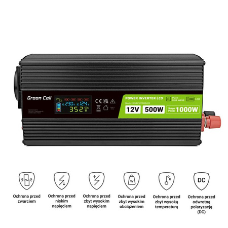 Green Cell - Convertisseur de tension PowerInverter avec écran LCD 12V à 230V 500W/1000W onde sinusoïdale pure