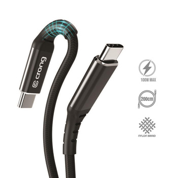 Crong Armor Link - 100W 5A USB-C USB-C fonott kábel Power Delivery 200cm (fekete)